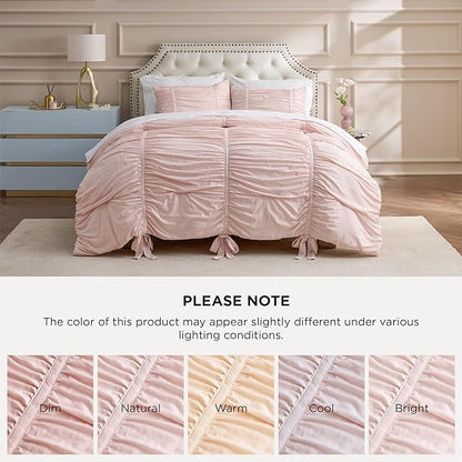 Bedsure Ruched Comforter Set with Bow Trim Pink, GentleSoft™ 3 Pieces Bow Shabby Chic Bedding Pink Room Decor, King Boho Bedding for Girls Teens Women, 1 Bed Comforter, 2 Pillow Shams, 104x90 Inches