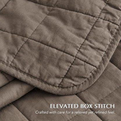 EVERGRACEHOME 100% Cotton Box Stitch Quilt Bedding Set Queen Size 3 Pieces, Garment-Washed Lightweight Soft Cozy Coverlet, Quilted Bedspread Sets with 2 Shams for All Season, Mocha Brown