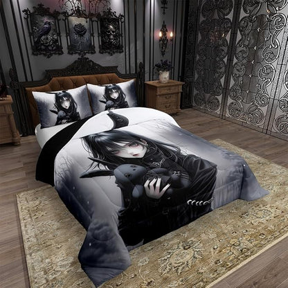 Erosebridal Anime Girls Bedding Set King,Anime Gifts Comforter Set for Girl Women,Gothic 3D Japanese Girl Down Comforter,Exotic Rabbit Gothic Cool Girls Bed Set with 2 Pillowcases