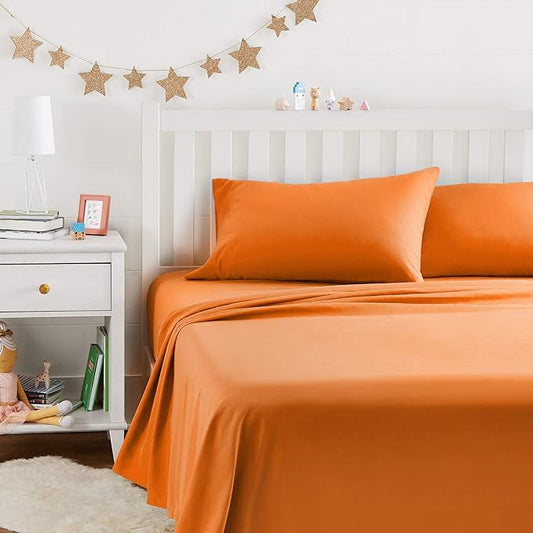 Amazon Basics Kid's Soft, Breathable, Easy-Wash Microfiber 4-Piece Sheet Set, Full, Bright Orange, Solid