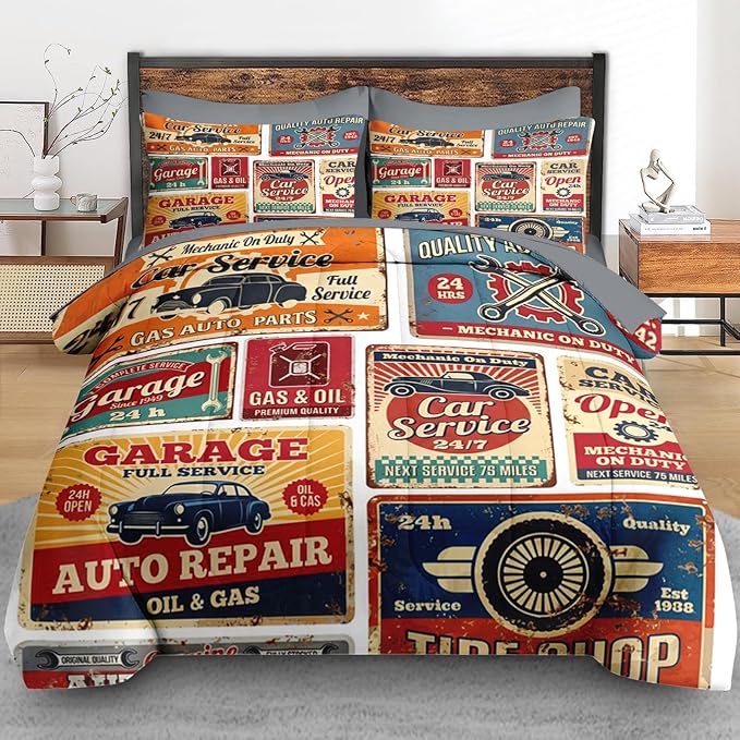 Comforter Set Queen Size, Vintage Car Auto 7 Pcs Bedding for Kids and Adults, Retro Vehicle Automotive Bed Sheet Sets with Fitted Sheet 2 Pillowcases & 2 Shams for Bedroom Bed Decor