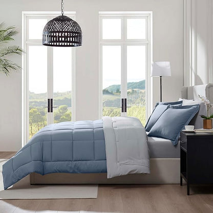 Nestl 7 Piece California King Comforter Set – Stone Blue Reversible Bed in a Bag – Complete Cal King Size Bedding Set with Sheets, Pillowcases and Shams