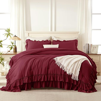 Andency Burgundy Ruffle Comforter Set King, Shabby Chic Farmhouse Bedding Comforter, Soft Lightweight Fluffy Polyester Bet Set All Season 3 Pieces Solid Comforter Set