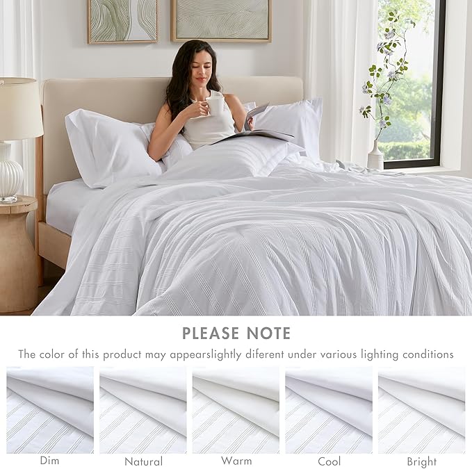 Madison Park Essentials Striped Comforter Set Full, 7 Pieces Modern Minimalist Jacquard Bedding Set for All Season, Bed in A Bag with Sheet Set and Soft Brushed Reverse, Lightweight White