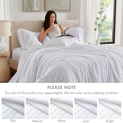 Madison Park Essentials Striped Comforter Set Full, 7 Pieces Modern Minimalist Jacquard Bedding Set for All Season, Bed in A Bag with Sheet Set and Soft Brushed Reverse, Lightweight White