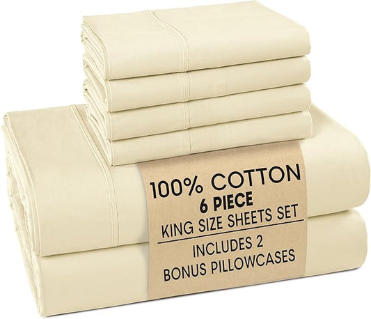 Casa Platino King Bed Sheets Set – Breathable 6 Piece Percale Cooling King Sheets with Crisp Feel, with 15 Inch Deep Pocket Fitted Sheet, Ultra Soft & Cozy Feel, Fit – Ivory