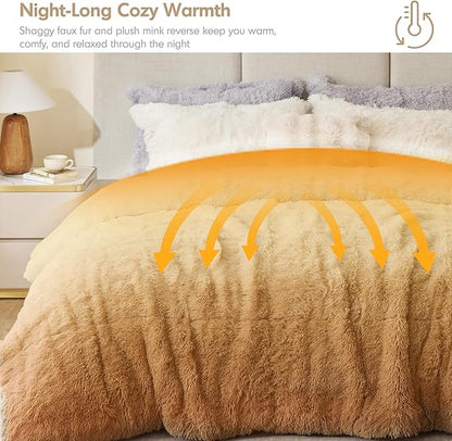Intelligent Design Long Shaggy Faux Fur Comforter Set, Soft Plush Reverse, Chic Ombre Design King Size Comforter Sets, All Season Bedding Set, Matching Sham, Brielle, King/Cal King(104"x90") Natural