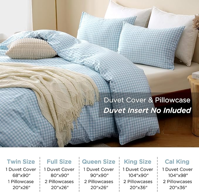 TOCOMOA Light Blue Gingham Duvet Cover Bedding Set 100% Washed Cotton Like Linen Feel Super Soft Comfy 3 Piece Vintage Plaid Checkered Comforter Cover Set (Queen 90"x90", Comforter Not Included)