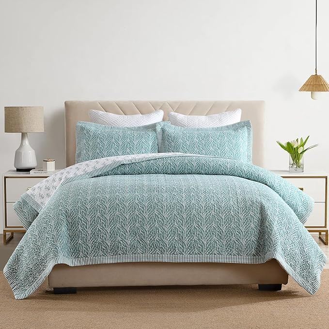 SahSahCasa Quilt Set Queen Size, 100% Cotton Quilt Bedding Set Bedspread, Botanical Pattern Solid Color Chic Lightweight Quilted Comforter for Queen Bed, White/Teal, All Season, 3PCs