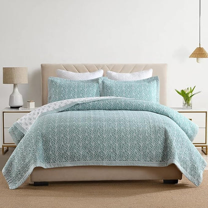 SahSahCasa Quilt Set King Size, 100% Cotton Quilt Bedding Set Bedspread, Botanical Pattern Solid Color Chic Lightweight Quilted Comforter for King Bed, White/Teal, All Season, 3 Pieces