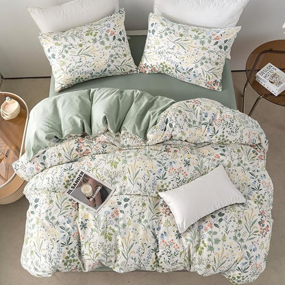 mixinni Sage Green Duvet Cover Set Queen-Exquisite Floral Queen Size Comforter Set for All Seasons, 3 Pieces, 1 Wildflower Plants Duvet Cover (90"x90") and 2 Pillow Cases (20"x26"), Sage Green