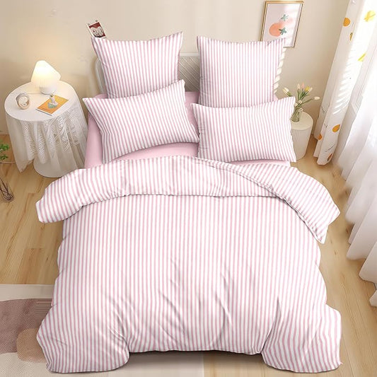 Nayoroom Pink Striped Comforter Set Queen Size White Stripe Comforter 3 Pieces Girls Soft Lightweight Pinstripe Dorm Bedding Set for All Seasons
