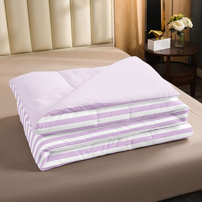 Girl Purple Striped Comforter Set Queen White Farmhouse Ticking Stripes Down Comforter For Women Horizontal Stripes Geometric Lines Reversible Lightweight Duvet Set For Room Decor Soft Bedding Set