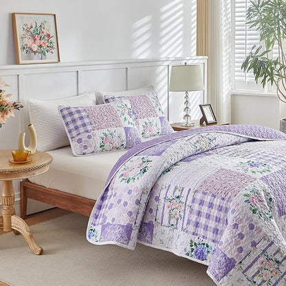 Joyreap 2 Pieces Floral Quilt Set Twin, Patchwork Purple n Pink Flowers Design, Smooth Soft Microfiber Quilt, Bedspread Bed Cover for All Season, 1 Quilt and 1 Pillow Sham- 68x86 inches