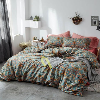 VM VOUGEMARKET Green Flower Duvet Cover Set Twin,Aesthetic Boho Bedding Set Percale Cotton Royal Floral Comforter Cover with Zipper Closure