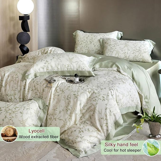 VM VOUGEMARKET Green Flower Duvet Cover Twin Cooling Lyocell Comfoter Cover Set for Hot Sleeper,Moisture Wicking Silky Bedding Set-Mint Green