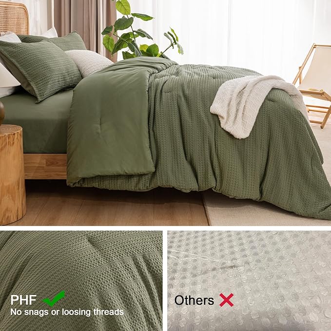 PHF Soft Waffle Comforter Set King Size- Comfy Breathable Waffle Weave Comforter with 2 Pillow Shams, 3 Pieces Less Snagging Lightweight Textured Bedding Set for All Season, Olive Green