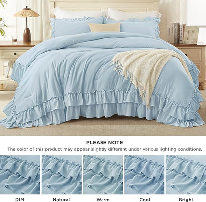 Andency Light Blue Queen Comforter Set (90x90Inch), 3 Pieces Lightweight Fluffy Ruffle Bedding Comforter Sets for Queen Bed, Farmhouse Shabby Chic Soft All Season Bed Set