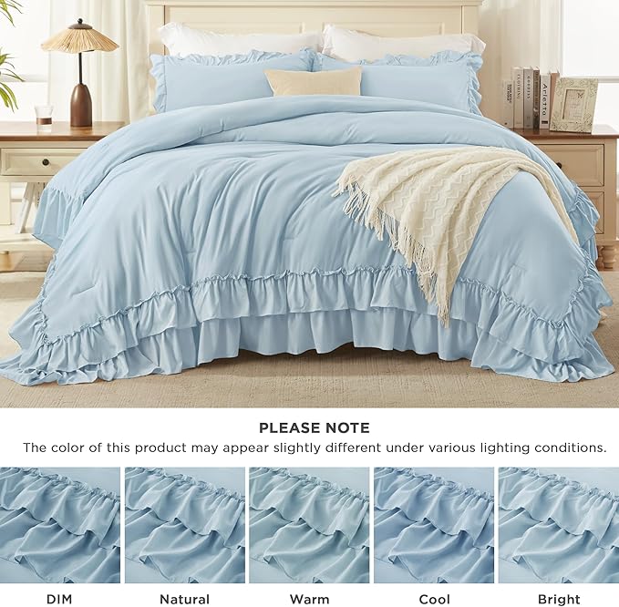 Andency Light Blue King Comforter Set (104x90Inch), 3 Pieces Ruffle Comforter Set with 2 Pillowcases, Farmhouse Shabby Chic Lightweight Fluffy Soft All Season Bed Set