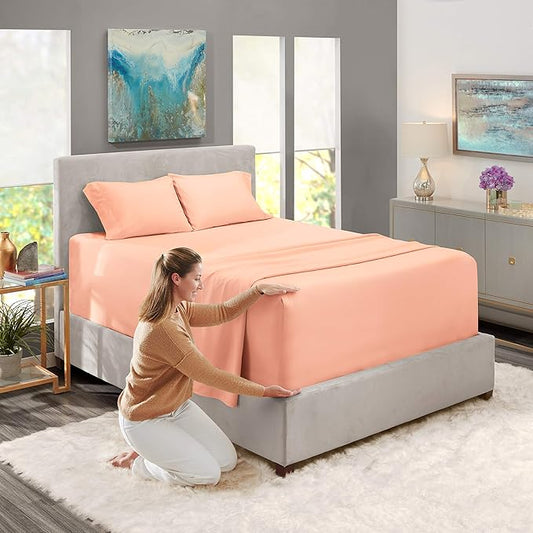Nestl Twin Size Sheet Set, 4 Piece Extra Deep Pocket (18-24 inches), Microfiber, Hotel Luxury, Soft, Breathable, Wrinkle-Free, Easy to Care, Peach