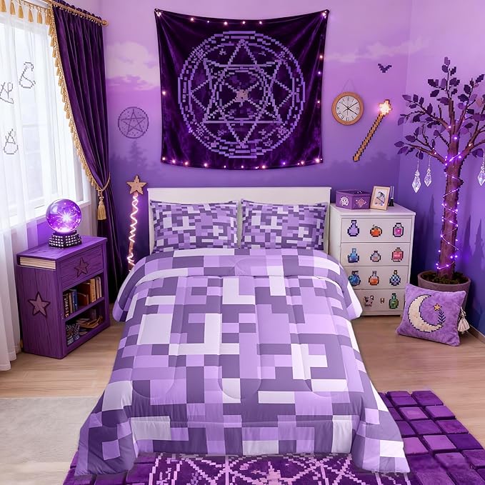 Pixel Grid Miners Comforter Set King Size,Video Games Plaid Lattice Kids Bedding Set,Geometric Check Quilt Comforter,Light Purple Duvet Insert,2 Pillowcases