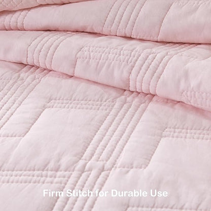 HORIMOTE HOME 100% Cotton Quilt Set Queen Size, Light Pink Pre-Washed 3-Piece Bedspread Coverlet Set, Cozy Lightweight Stitching Bedding Cover with 2 Shams in Geometric Pattern for All Season