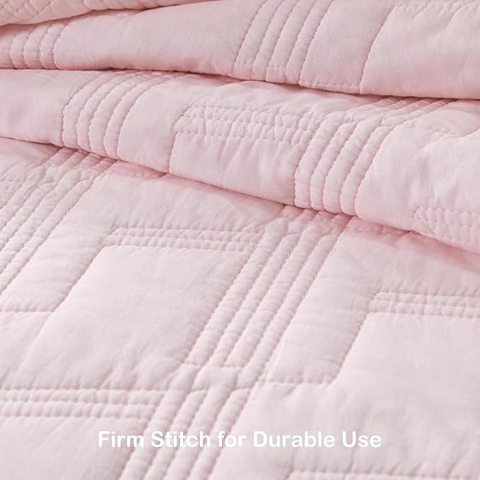 HORIMOTE HOME 100% Cotton Quilt Set King Size, Light Pink Pre-Washed Bedspread Coverlet Set, Cozy Lightweight Stitching Decorative Bedding Cover with 2 Shams in Geometric Pattern for All Season