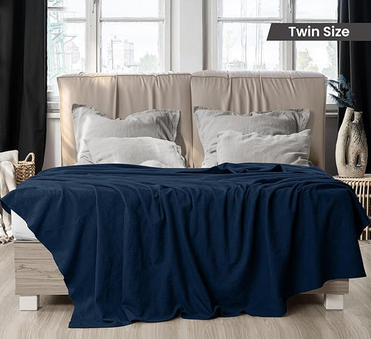 Utopia Bedding Navy 100% Cotton Blanket [Twin Size - 90x72 Inch] Lightweight, Soft and Breathable Thermal Blanket for All Seasons