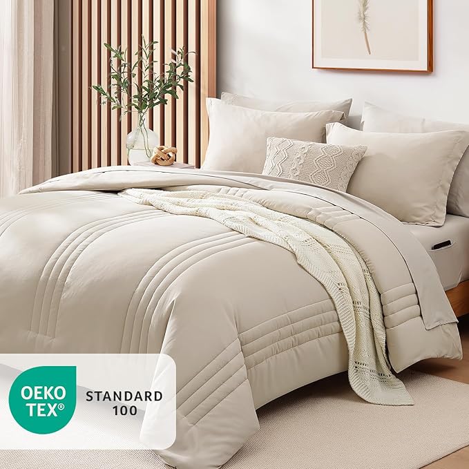 Monbix Queen Comforter Set - 7 Pieces Beige Bed in a Bag Queen Bedding Sets with Comforters, All Seasons Comforter Bed Set with Sheets, Pillowcases & Shams