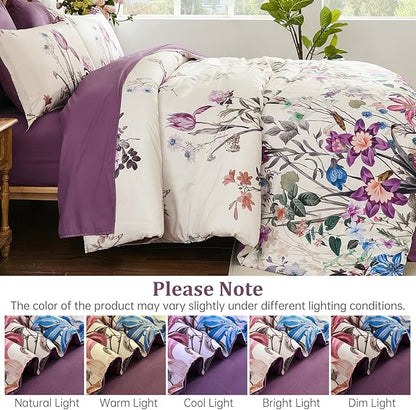 WONGS BEDDING Queen Comforter Set 7 Piece, Purple Floral Bed in a Bag Bedding Set with Botanical Flowers Patterns, Soft Lightweight Complete Comforters with Sheets for All Season