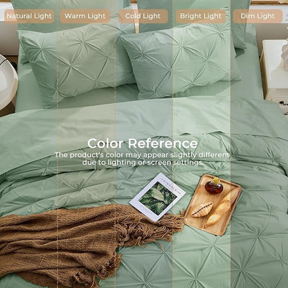 Sasttie Queen Comforter Set, 7-Piece Bed in a Bag, Pintuck Bedding Sets for All Season, Includes Comforter, Flat Sheet, Fitted Sheet, Pillowcases and Pillowshams, Sage Green