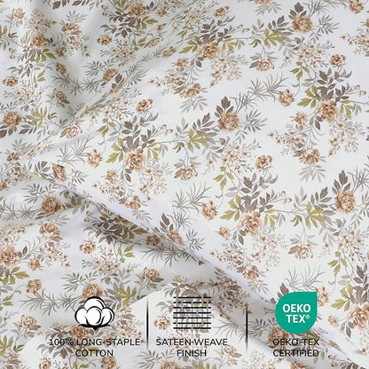 Feather & Stitch Printed 500 TC California King Size 4pc Damask Bed Sheet Set, 100% Soft Cotton Breathable Bedsheets, 18" Deep Pockets Sateen Weave Striped Bedding Mattress - Rose Floral