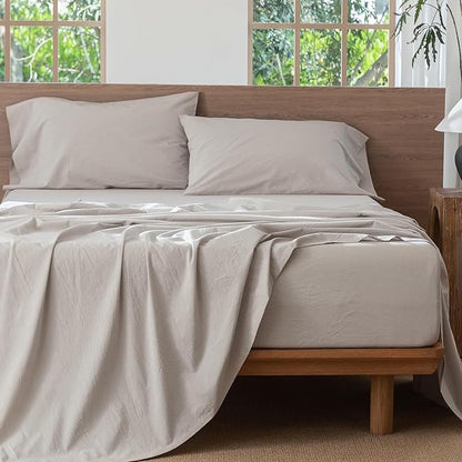 MooMee Bedding Sheet Set 100% Washed Cotton Linen Like Textured Breathable Durable Soft Comfy (Solid Light Tan, King)