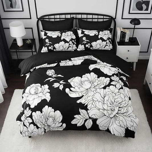Black Floral Full Size Comforter Set, 3 Pieces Vintage Floral Bedding Set for Women Country Farmhouse Botanical Bedroom Decor Soft Fluffy Microfiber Quilt with 2 Pillowcases(79"x90")