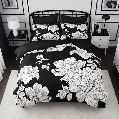 Black White Floral Comforter Set Queen Size, Modern Botanical Bedding Set for French Country Bedroom Decor, 3 Pcs Soft Fluffy Microfiber Quilt with 2 Pillowcases/90 x90