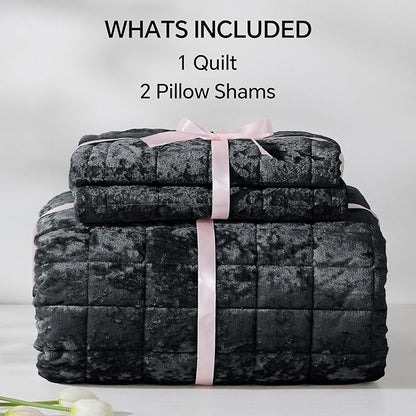 BEDELITE Velvet Quilt Set Queen Size - Luxury Velvet Comforter Bedding Set 3 Pieces, Lightweight Soft Cozy Shiny Black Oversized Bedspread Coverlet for All Seasons with 2 Pillow Shams