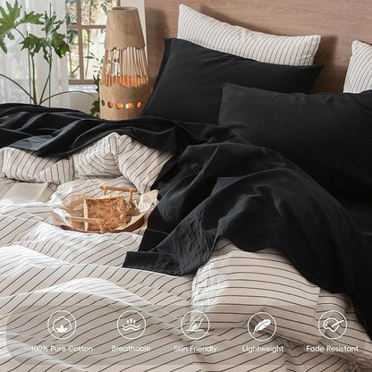 MooMee Bedding Sheet Set 100% Washed Cotton Linen Like Textured Breathable Durable Soft Comfy (Solid Black, Twin XL)