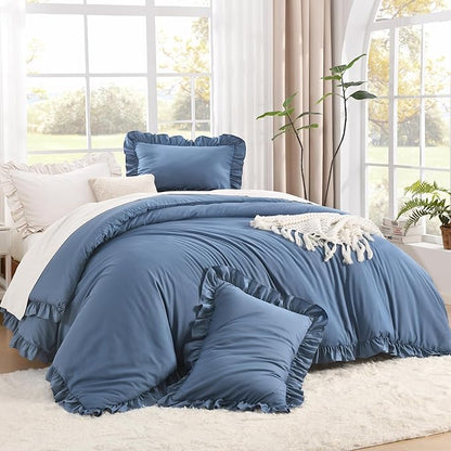 Litanika Ocean Blue Queen Comforter Set, 3 Pieces Ruffle Farmhouse Aesthetic Bedding Comforter Set, All Season Soft Lightweight Fluffy Microfiber Bed Set(90x90In Comforter, 2 Pillowcases)