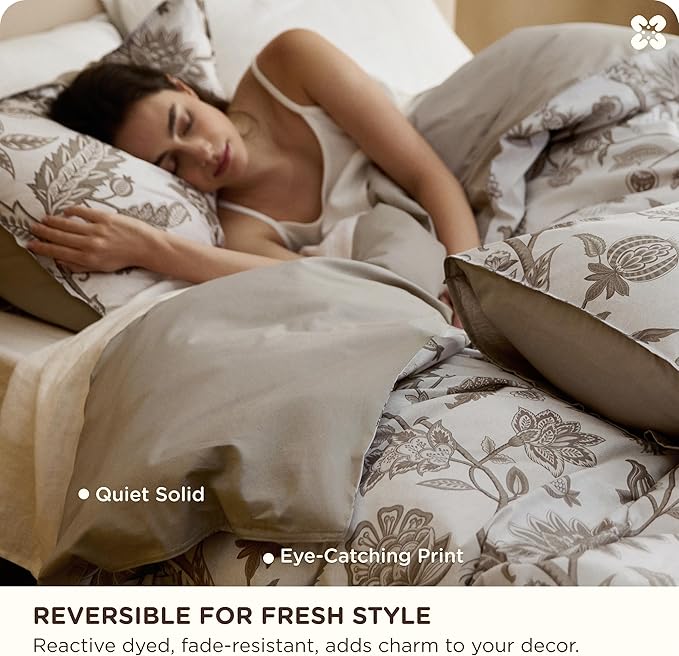 Bedsure Floral Duvet Cover King Size - 100% Cotton Reversible Entwined Vines Pattern Duvet Cover Set, 3 Pieces Soft & Breathable PureWoven Bedding Set with 2 Pillow Shams (Linen Vines, 104"x90")