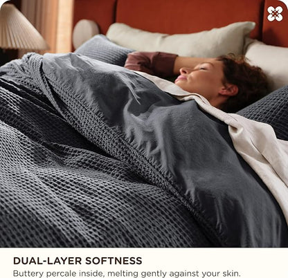 Bedsure Cotton Duvet Cover Set - 100% Cotton Waffle Weave Charcoal Duvet Cover California King Size, GentleSoft™ and Breathable Cal King Bedding Set for All Season, 3 Pieces, 104"x98"