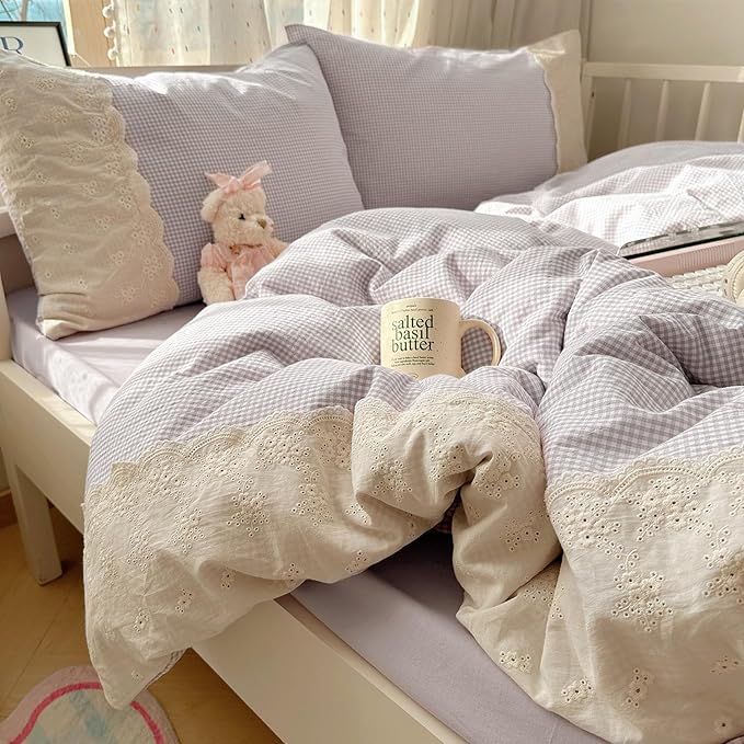 Purple Gingham XL Twin Comforter Boho Fluffy Bedding Set Plaid Cute Lightweight Down Alternative Bedding Comforter Set Microfiber Cozy Lace-Trimmed Farmhouse Comforter with 2 Pillowcases