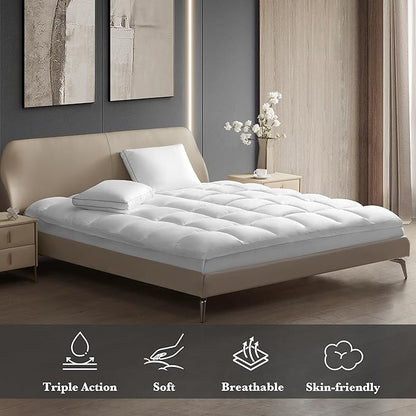 Hotel Grand Pillow Top Mattress Topper Queen Size - Waterproof Mattress Protector Quilted Fitted Mattress Pad Cover with 8-20 Inch Deep Pocket Down Alternative Fill (60x80 inch, White)