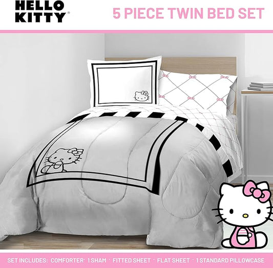 Jay Franco Comforter Set Includes Sheets and Pillow Covers - Soft and Cozy Bed Set for Stylish Room Decor, White - Hello Kity 5 Piece Twin Size Bedding