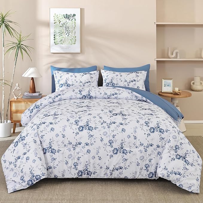 Luxudecor Floral Queen Comforter Set 7 Pieces Bed in a Bag, Blue Rose Romantic Flower Bed Set, Soft Reversible Comforter with Sheet Set 90"x90"