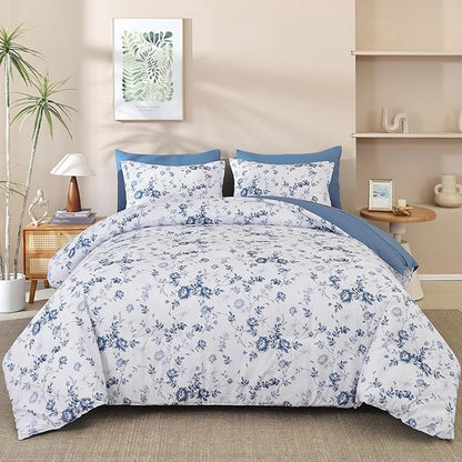 Luxudecor Floral Queen Comforter Set 7 Pieces Bed in a Bag, Blue Rose Romantic Flower Bed Set, Soft Reversible Comforter with Sheet Set 90"x90"