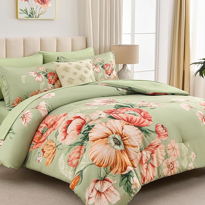 Queen Comforter Set - 7 Pieces Bed in a Bag Green Floral Queen Comforter Set with Sheets, Soft Microfiber Flower Complete Bedding Set for All Seasons（Green,90"x90"）