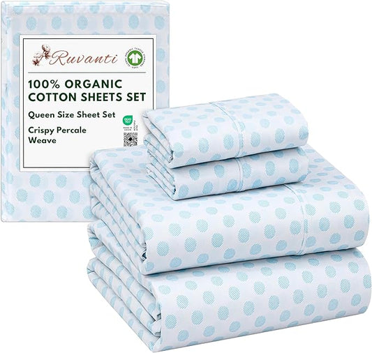 RUVANTI 100% Organic Cotton Sheets Queen Size, Percale Weave, GOTS Certified, 4-Piece Set, Deep Pocket 15", Crisp & Breathable, Soft Durable Bedding, Sábanas Algodón Orgánico – Circle Imprint