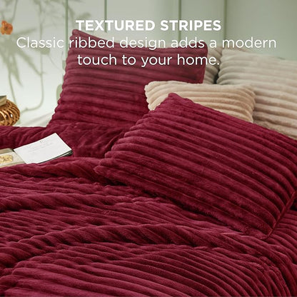 Bedsure Full Size Comforter Sets - GentleSoft™ 3 Pieces Double-Side Fleece Fluffy Dark Red Comforter Set, Cozy Striped Room Decor Aesthetic, Luxury Full Size Bedding, 2 Pillowcases, 82x86 Inches