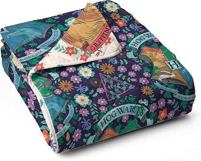 Harry Potter Botanical Crests Full/Queen Quilted Throw Blanket Adults Boys Girls, Soft Lightweight Bedding for Bed, or Couch, 90 x 90 inches