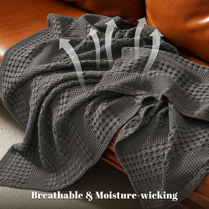 PHF 100% Cotton Waffle Weave Blanket Queen Size for Bed, Soft Lightweight & Breathable for Spring and Summer, All-Season Comfort, Luxury Aesthetic Blanket for Home Decor, 90"x90", Charcoal Grey
